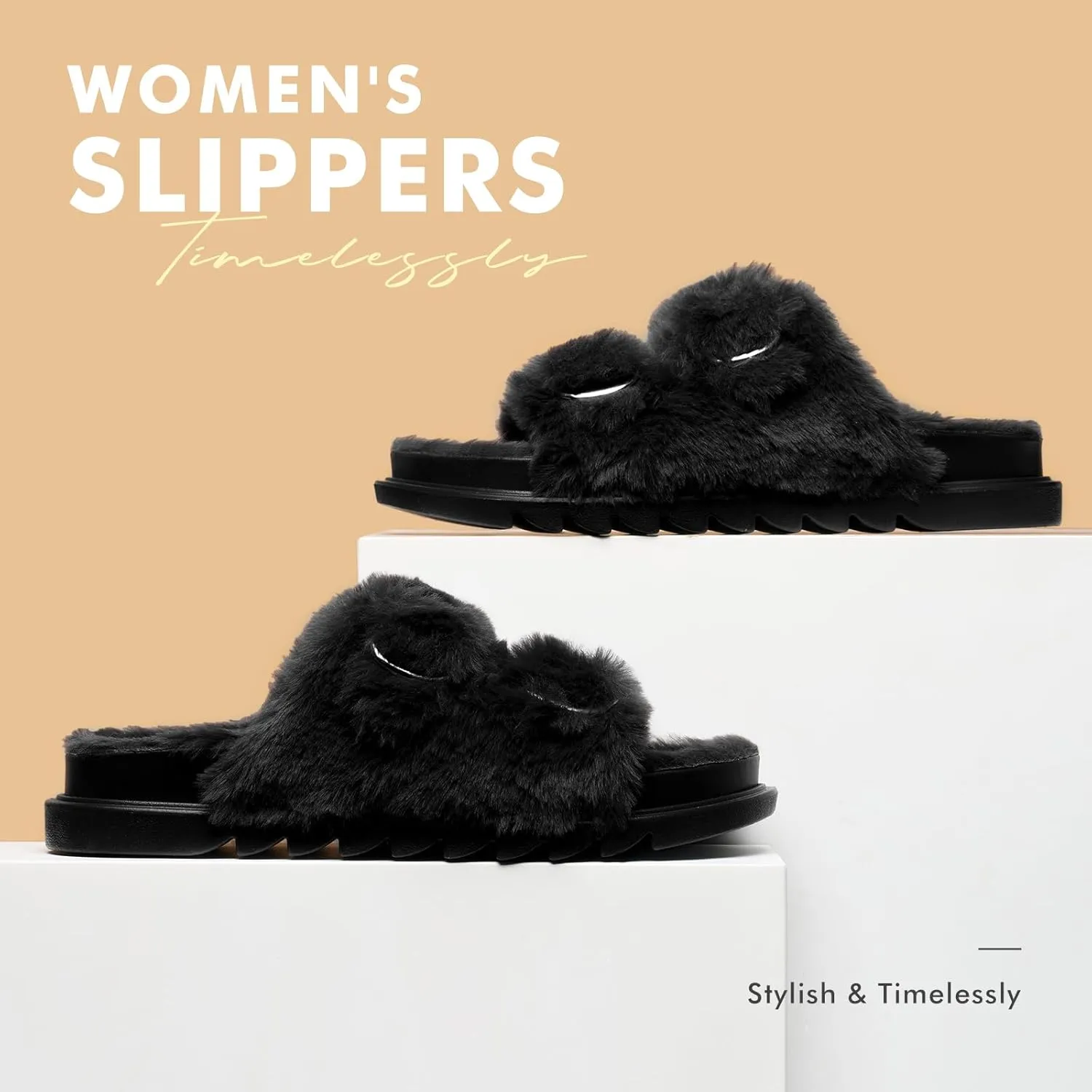 YOLIS Womens Slippers Faux Fur House Slippers for Women Slip on Open Toe Slippers with Arch Support Adjustable Buckles Fuzzy Slides Sandals for Women Comfy Non Slip Plantar Fasciitis Slippers Size6-11