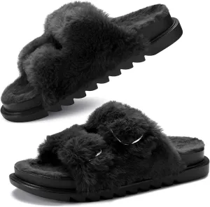 YOLIS Womens Slippers Faux Fur House Slippers for Women Slip on Open Toe Slippers with Arch Support Adjustable Buckles Fuzzy Slides Sandals for Women Comfy Non Slip Plantar Fasciitis Slippers Size6-11