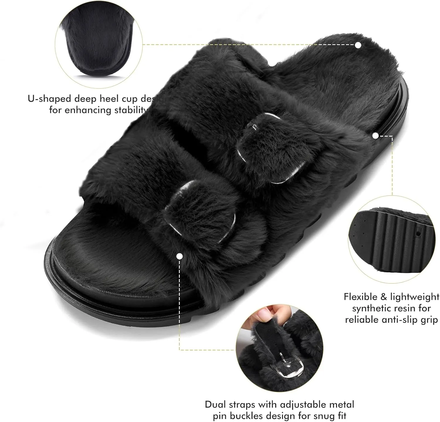 YOLIS Womens Slippers Faux Fur House Slippers for Women Slip on Open Toe Slippers with Arch Support Adjustable Buckles Fuzzy Slides Sandals for Women Comfy Non Slip Plantar Fasciitis Slippers Size6-11
