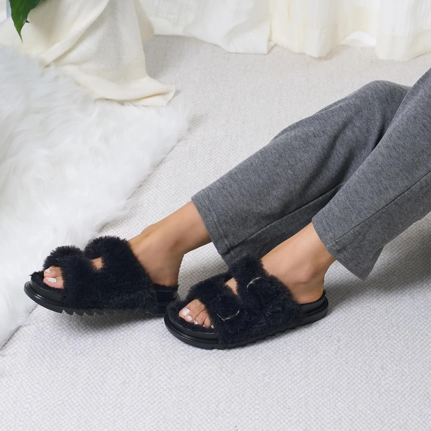 YOLIS Womens Slippers Faux Fur House Slippers for Women Slip on Open Toe Slippers with Arch Support Adjustable Buckles Fuzzy Slides Sandals for Women Comfy Non Slip Plantar Fasciitis Slippers Size6-11