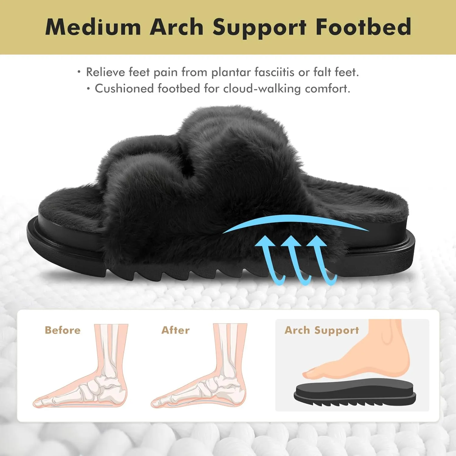 YOLIS Womens Slippers Faux Fur House Slippers for Women Slip on Open Toe Slippers with Arch Support Adjustable Buckles Fuzzy Slides Sandals for Women Comfy Non Slip Plantar Fasciitis Slippers Size6-11