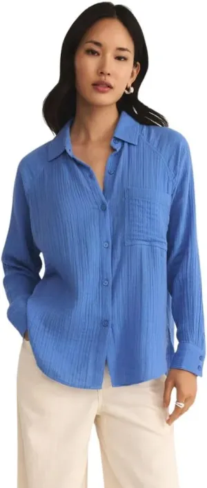 Z SUPPLY Women's Perfect Airy Gauze Button Up, Long Sleeve, Bay Blue