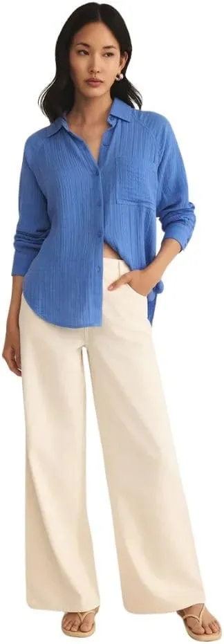 Z SUPPLY Women's Perfect Airy Gauze Button Up, Long Sleeve, Bay Blue