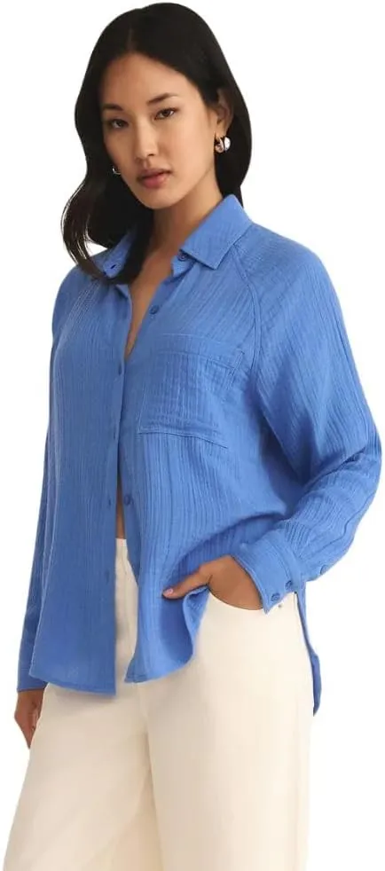 Z SUPPLY Women's Perfect Airy Gauze Button Up, Long Sleeve, Bay Blue