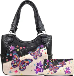 Zelris Butterfly Flower Season Embroidery Conceal Carry Tote Handbag Purse Set