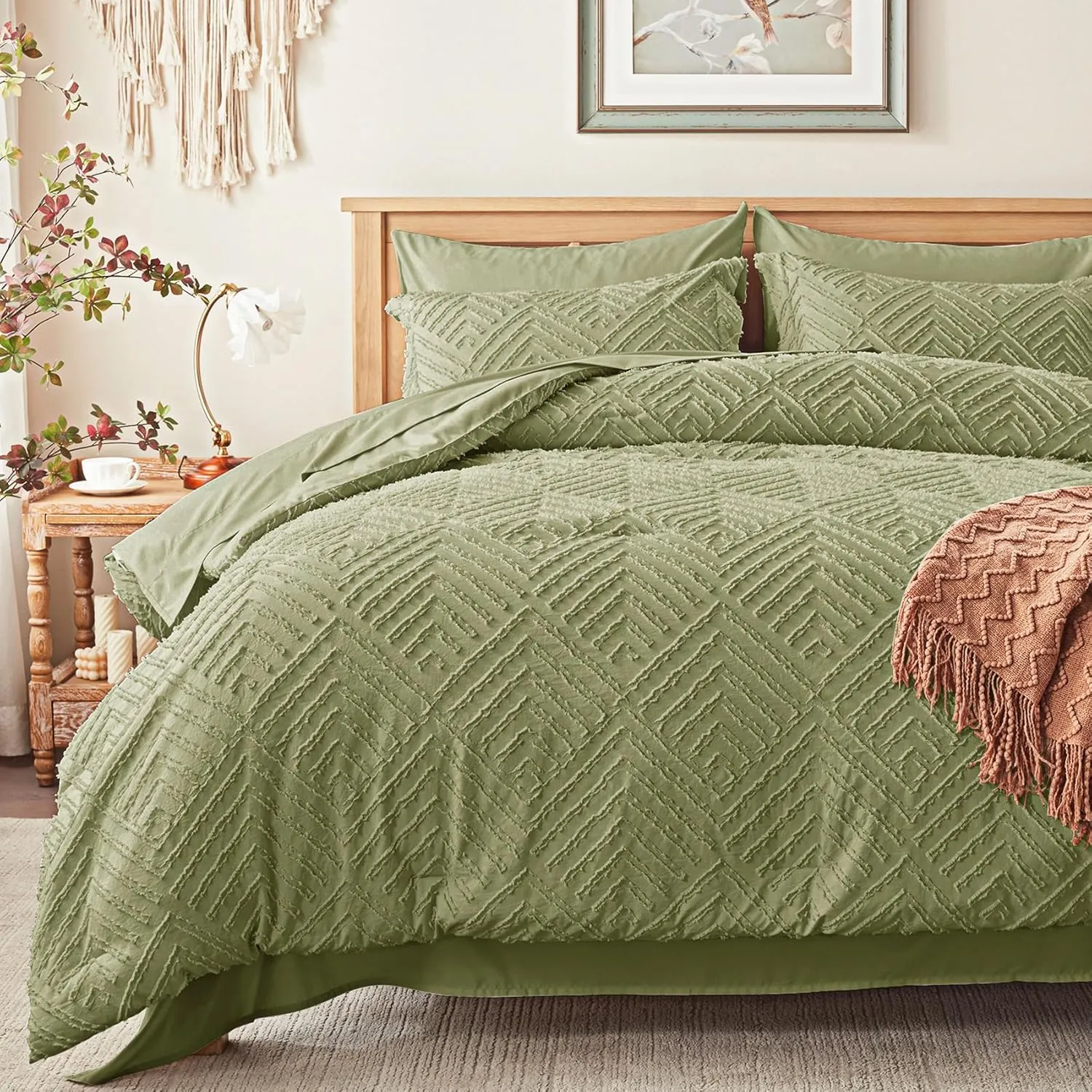 Zzlpp Queen Comforter Set 7 pieces, Army Green Tufted Bed in a Bag with Comforter and Sheets, All Season Boho Bedding Sets with 1 Comforter, 2 Pillow Shams, 2 Pillowcases, 1 Flat Sheet, 1 Fitted Sheet